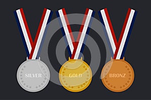 Set of gold, silver and bronze Award medals on dark background. Vector illustration.Â 